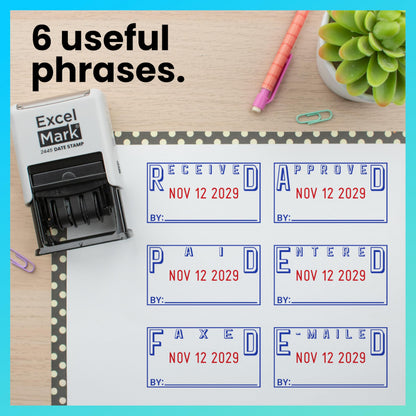 ExcelMark 2445 Date Stamp with Text - Blue and Red Ink (Gray Mount, Received)