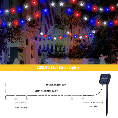 2 Pack Solar Powered Outdoor Patriotic Star String Lights, 100 LED 33 FT Each July 4th Decorative Lights, 8 Lighting Modes, Waterproof for Independence Day Party Patio Garden Decor, Red White & Blue