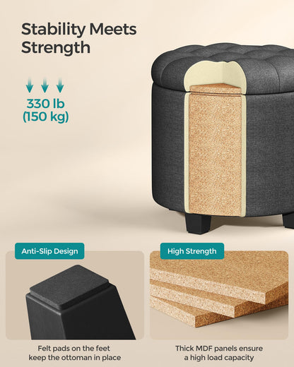 SONGMICS Round Ottoman, Ottoman with Storage, 17.7 Dia. x 17.5 H Inches Foot Rest with Legs, Load up to 330 lb, for Living Room, Bedroom, Dark Gray ULOM011G01