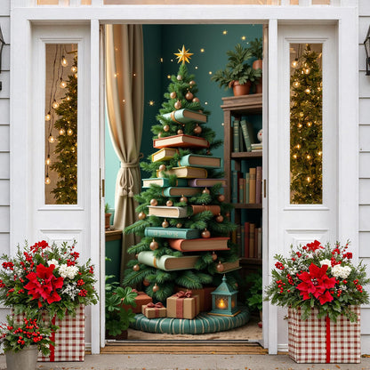 Merry Christmas Door Cover, Christmas Tree Door Hanging Backdrop Decoration Xmas Tree Porch Sign Front Door Banner Gifts for Winter Holiday New Year Xmas Office Home Party Supplies