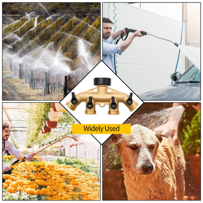 4 Way Hose Splitter with 4Pcs Garden Hose Extension Adapter, Brass Garden Hose Splitter Set, Hose Spigot Adapter with 4 Valves and 12 Rubber Washers & 4 Tapes