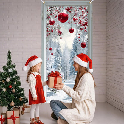 Nuxovilar Snow Scene Door Cover with Red Accents Background Winter Xmas Holiday Wonderland Decorations Party Supplies Hanging Banner for Home, Office, Indoor & Outdoor Use (35x71 Inches)