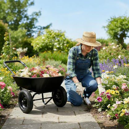 ERGOMASTER Dual-Wheel Wheelbarrow, Home Utility Garden Cart, 330 LBS Capacity, Large Heavy Duty Yard Cart for Gardening & Planting, Lawn, Farm, Construction Site, Black