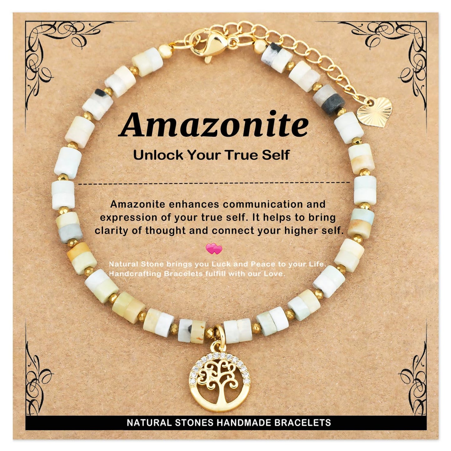 Natural Gemstone Healing Crystal Multicolor Amazonite Dainty Charms Tree of Life Bracelet Adjustable Chain Extender Minimalist Jewelry