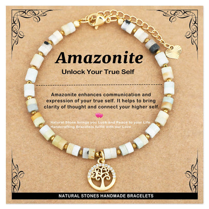 Natural Gemstone Healing Crystal Multicolor Amazonite Dainty Charms Tree of Life Bracelet Adjustable Chain Extender Minimalist Jewelry