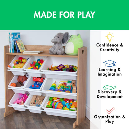 Humble Crew Toy Storage Organizer with Top Shelf and 9 Removable Bins, Natural/White – Toddler Bookshelf with Toy Organizer - Modern Toy Rack Ideal for Kids' Rooms, Playrooms, and Nurseries
