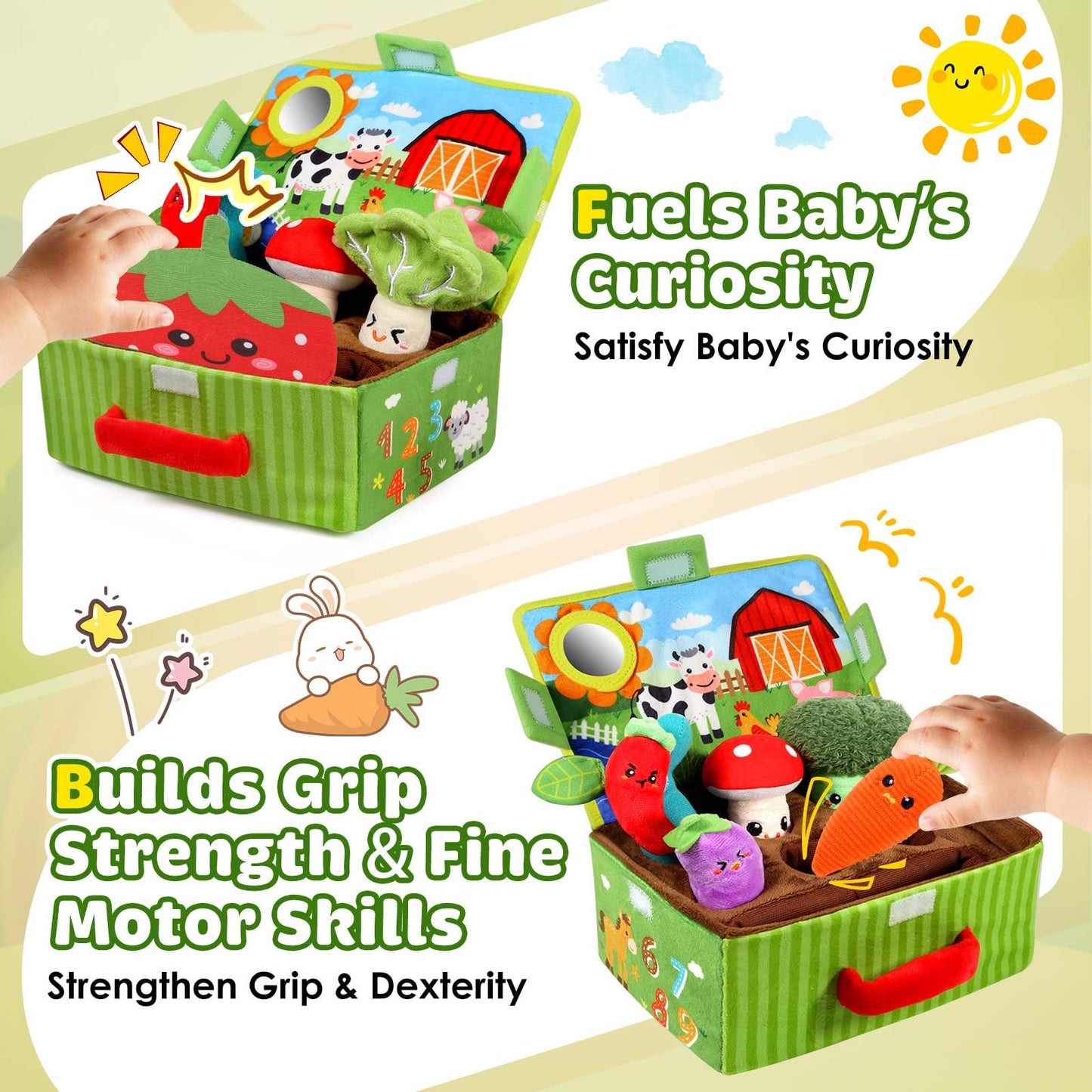 FREYBLI Baby Toys 6-12 Months - Soft Fruits Vegetable Garden Plant Plush Toy - 6 Month Old Baby Toys Boy Girl Gifts - Baby Sensory Montessori Toys with Rattles Mirror Squeaker Textures Crinkle Tissues