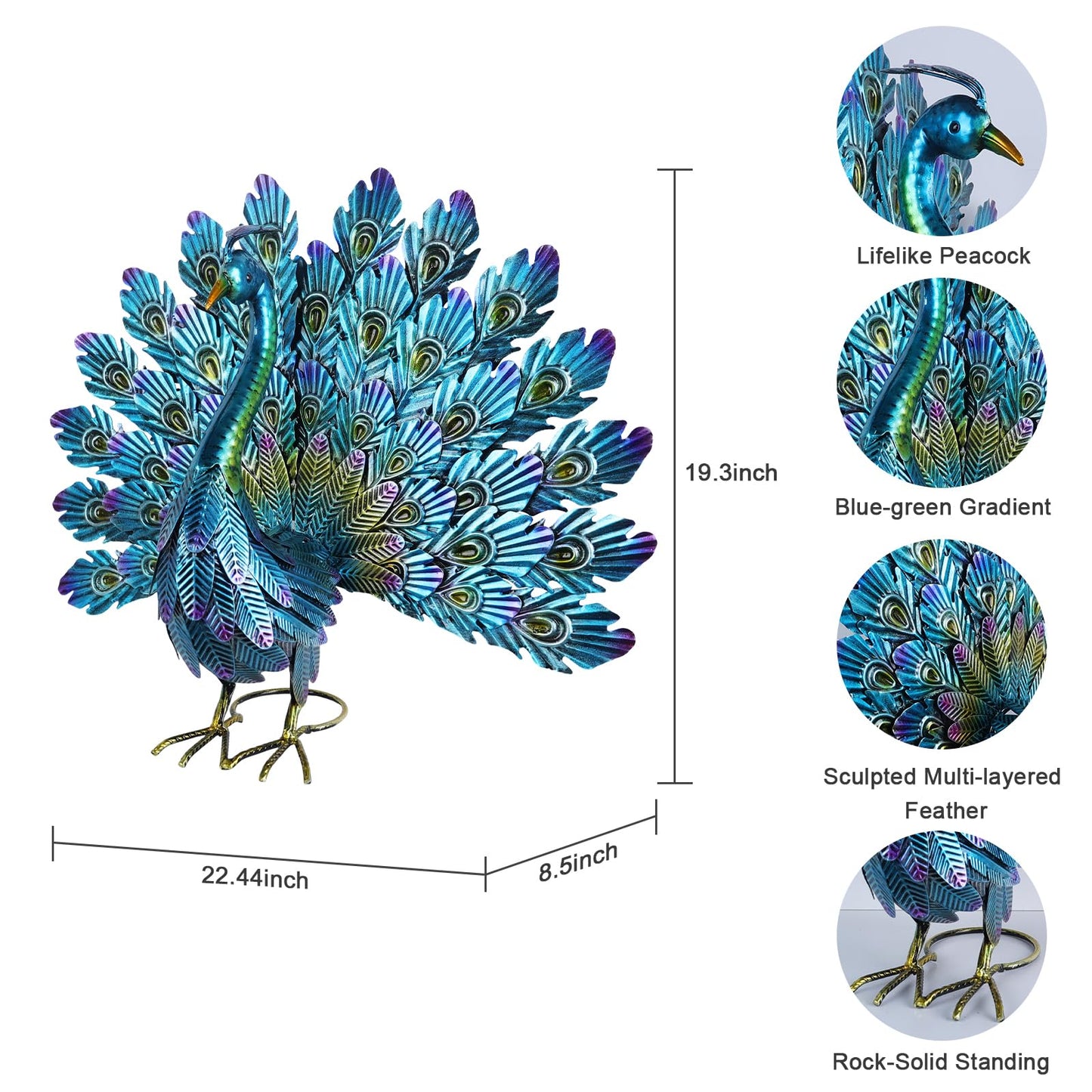 YEAHOME Garden Decor Outdoor Statues, 22.4" Large Metal Peacock Standing Yard Art, Blue Green Bird Lawn Sculptures Garden Decor for Outside Patio Porch Backyard