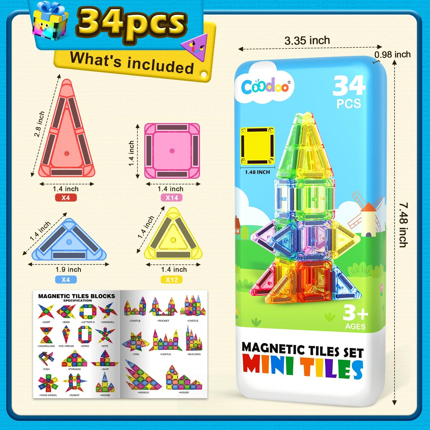 Coodoo Magnetic Tiles for Kids Ages 4-8 Toddler Toys Magnetic Blocks Building Toy STEM Outdoor Kids Toys Gift for Boys & Girls 3+ Year Old, Pocket-Sized Mini Tiles for Classroom Must Haves