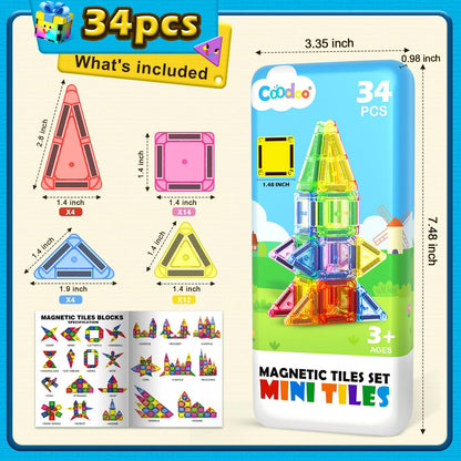 Coodoo Magnetic Tiles for Kids Ages 4-8 Toddler Toys Magnetic Blocks Building Toy STEM Outdoor Kids Toys Gift for Boys & Girls 3+ Year Old, Pocket-Sized Mini Tiles for Classroom Must Haves