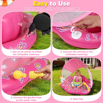 Baby Pool Float with Sprinkler, Inflatable Baby Splash Pad with Stackable Rings Game, Baby Splash Mat with Canopy & Backrest for Toddlers Garden, Beach, Backyard and Bathroom (Pink)