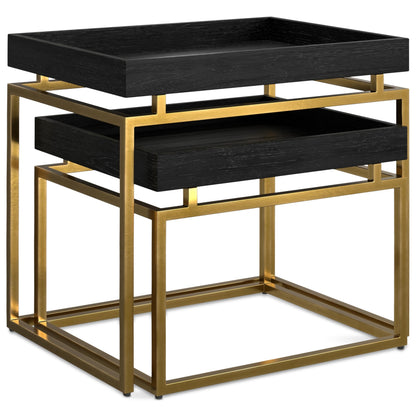 SIMPLIHOME Macy SOLID MANGO WOOD and Metal 20 inch Wide Rectangle Contemporary 2 Pc Nesting Table in Black, Gold, Fully Assembled for the Living Room and Bedroom