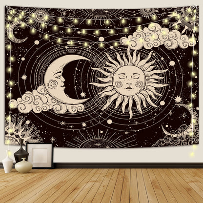 Wonrizon Sun and Moon Tapestry, Aesthetic Black Dark Spiritual Tapestries Mystic Burning Sun with Clouds Star Wall Hanging decor for Bedroom (30"x40")