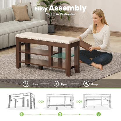 Shoe Bench for Entryway, Solid Rubberwood Shoe Bench with Hidden Storage, Adjustable 2-Tier Shelves & Soft PU Leather Seat, Shoe Rack Durable Easy Assembly for Hallway or Bedroom - Beige, 39.4"