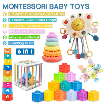 6 in1 Montessori Baby Toys 6-12 Months，Montessori Toy for Babies 6-12 Months，Incl 12pc Building Blocks &Silicone Pull String & Sensory Cube & Manhattan Ball& 2 Stacking Toys. Baby Development Toys