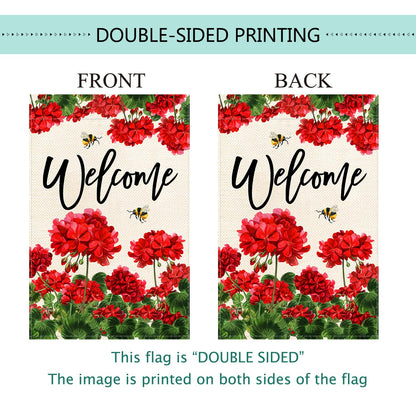 Baccessor Spring Summer Geranium Welcome Garden Flag Double Sided Summer Bee Red Floral Small Burlap Yard Flag House Seasonal Farmhouse Outside Outdoor Decoration 12.5 x 18 Inch