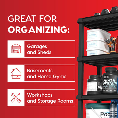 IRIS USA 4-Shelf Heavy Duty Plastic Storage Shelves, 600lb Capacity, 56" H x 36" W x 18" D, Large Modular Shelving Unit Storage Organizer for Garage, Home, Warehouse & Gym, Storage Rack - Black