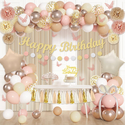 Ouddy Life Birthday Decorations for Women Girls, Neutral Foil Star Balloons Happy Birthday Circle Dots Banner Fringe Curtains Cake Topper Butterfly Paper Pompoms for Baby Shower Party Supplies