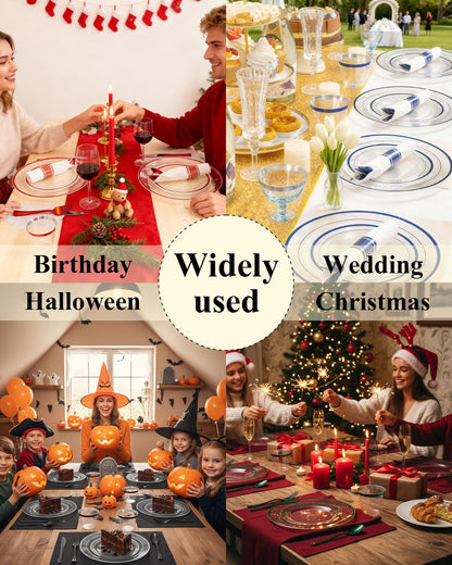 Goodluck 175 Pcs Red Plastic Plates, Clear Plastic Silverware Disposable Plates Set, Include 50 Plates, 25 Pack Pre Rolled Napkins with Silverware, 25 Cups for Party, Christmas, Graduation, Wedding