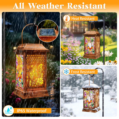 Butterfly Solar Lanterns Outdoor Waterproof, Metal & Glass Hanging Lights Garden Decor, Birthday Gifts for Women Mom Grandma Mothers Day, Decorative Lights for Outside Yard Patio Backyard Porch