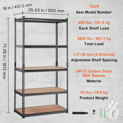 VEVOR Storage Shelving Unit, 5-Tier Adjustable, 2000 lbs Capacity, Heavy Duty Garage Shelves Metal Organizer Utility Rack, Black, 36" L x 18" W x 72" H for Kitchen Pantry Basement Bathroom Laundry