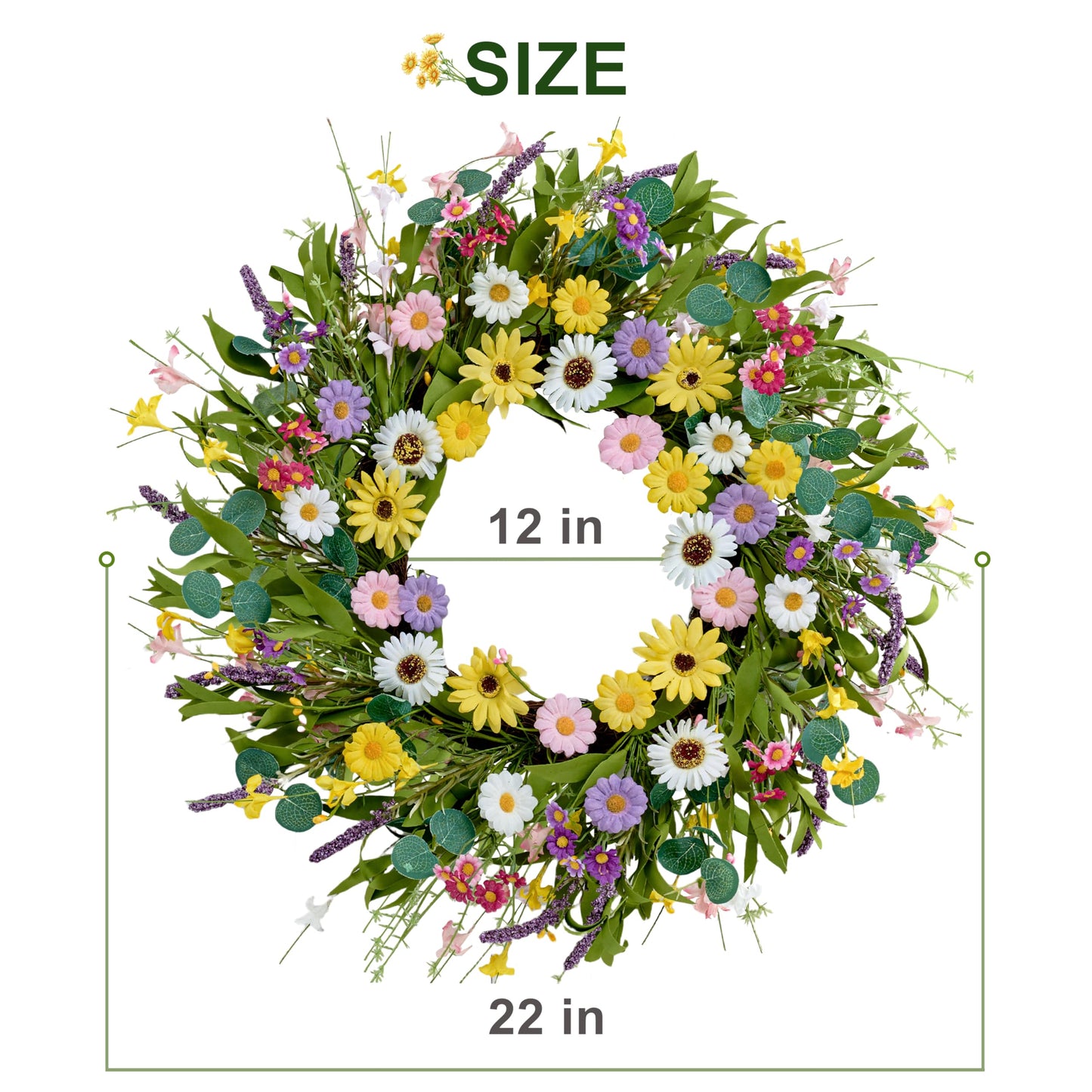 MAINGKAUNG Spring Wreath 22 Inch Artificial Summer Wreath with Yellow Daisy Flowers Green Eucalyptus Leaves Lavender Spring Wreaths for Front Door Home Farmhouse Porch Wall Easter Festival