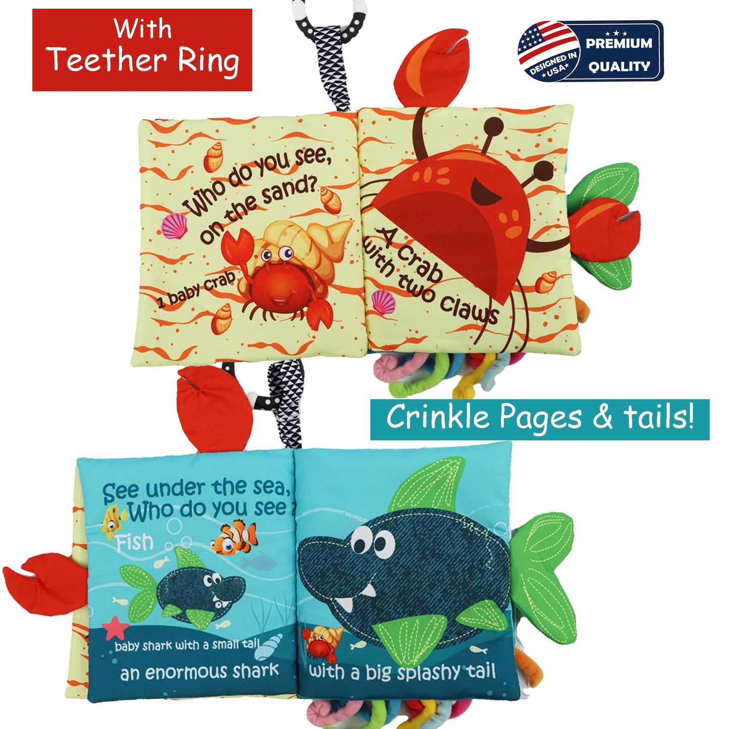 Fish Baby Books, Crinkle Books for Babies,Touch Feel,Infant Baby Toys 0-3 0-6 6-12 Months, Sensory Mirror Toys,Soft Teether,Teething,Shower Baby Easter Basket Stuffers,Baby Gifts for Boys Girls-Green