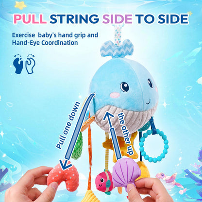 Jollybaby Activity Pull String Hanging Toy for Baby Stroller Car Seat Crib Play Gym, Plush Stuffed Ocean Whale Toy for Carseat with Teether Rattles, Montessori Sensory Toy for Baby Gift