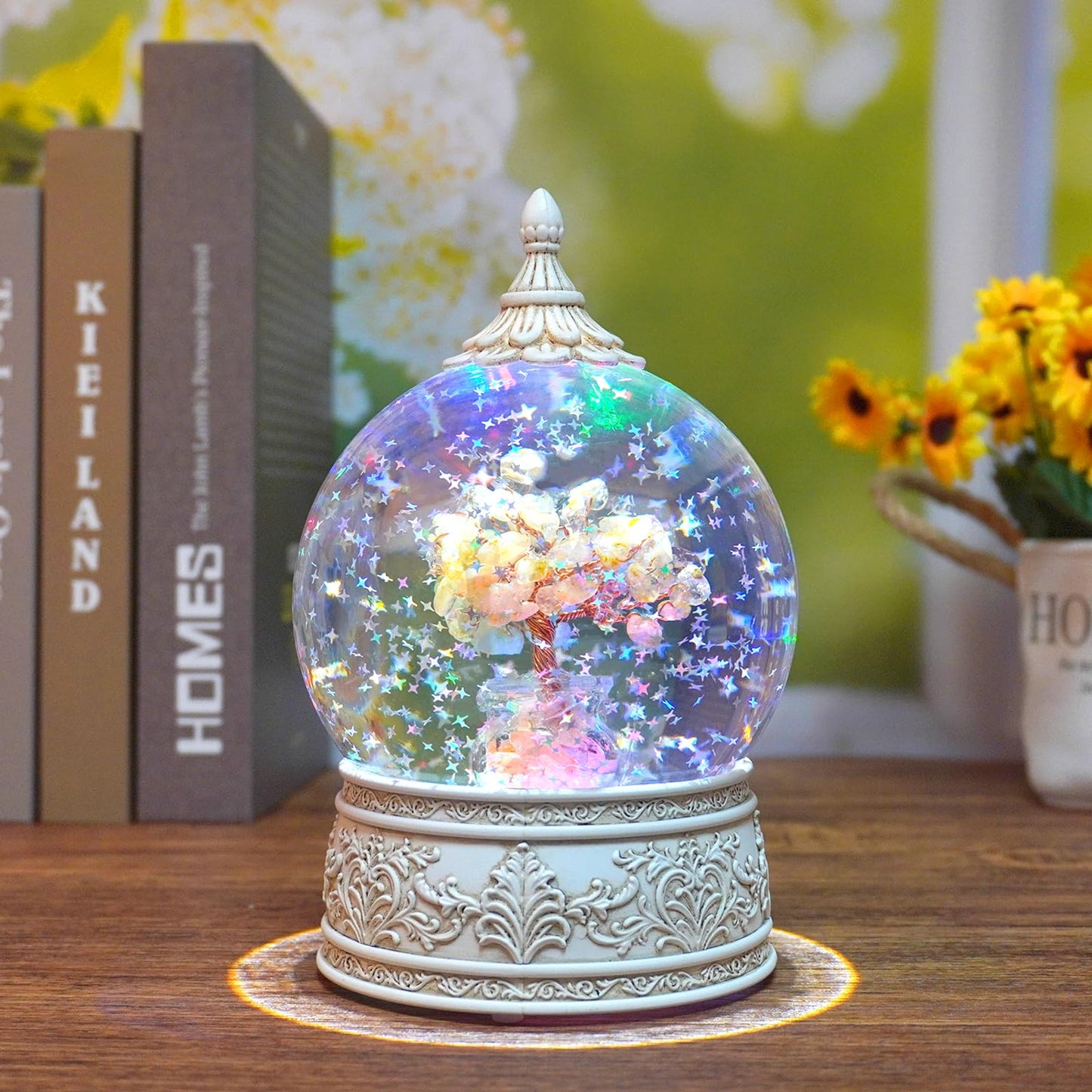 Citrine Jasper Healing Crystal Tree Globe with Colorful Lights and Sparkling Glitter, Natural Gemstone Base, Spiritual Meditation, Positive Energy Good Luck, Home Decor, Birthday Gifts (Citrine)