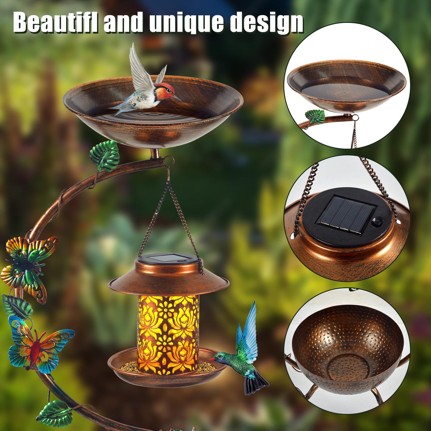 YYWMWM Metal Birdbath with Flower Planter Pedestal and Solar Bird Feeders Combo for Outdoor, Decorative Bird Bath with Butterfly for Garden Yard Outside