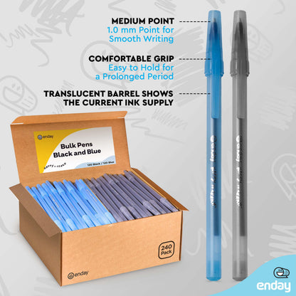Enday Ballpoint Pens Bulk Blue and Black Pens (240 Pack) 120 Black & 120 Blue - Medium Point (1.0mm) Flexible Round Barrel For Writing Comfort, Pens Bulk for School, Home and Office.