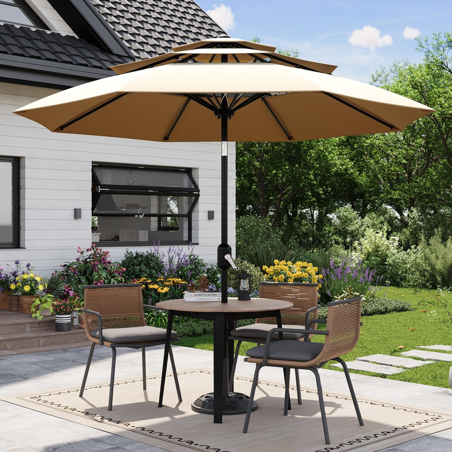 Garvee 10Ft 3-Tier Patio Umbrella, Outdoor Table Umbrella with Vents, Easy Crank and Push Button Tilt, Market Umbrella with 8 Sturdy Ribs for Pool, Deck, Yard, Garden -Tan