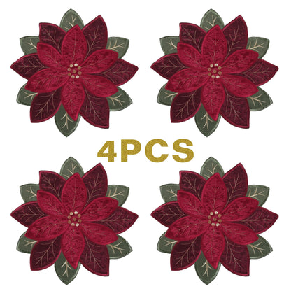 OWENIE Christmas Placemats Set of 4, Poinsettia Table Mats with Embroidered and Applique Velvet Fabric, 16 Inch x 16 Inch Diecut Placemat for XMAS Holiday Tabletop, Round Doilies for Dining Table, Red