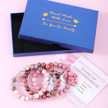 CMBYN 3-Pieces 8mm Natural Crystal Gemstone – ﻿Rhodochrosite, Pink Zebra, Pink Black Rhodonite Handmade Reiki Energy Healing Stretch Bracelets Jewelry for Yoga, Meditation, Unisex