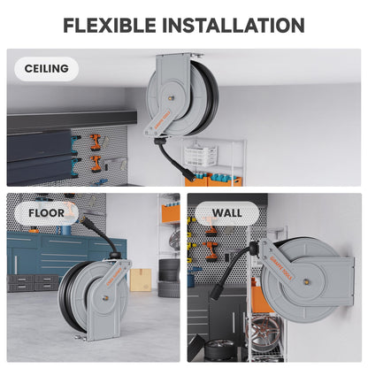 Giraffe Tools Pressure Washer Hose Reel 65ft, 3200 PSI Power Washer Hose Reel, Pressure Washer Retractable Hose Reel, Heavy Duty, Wall/Floor Mounted, Silver
