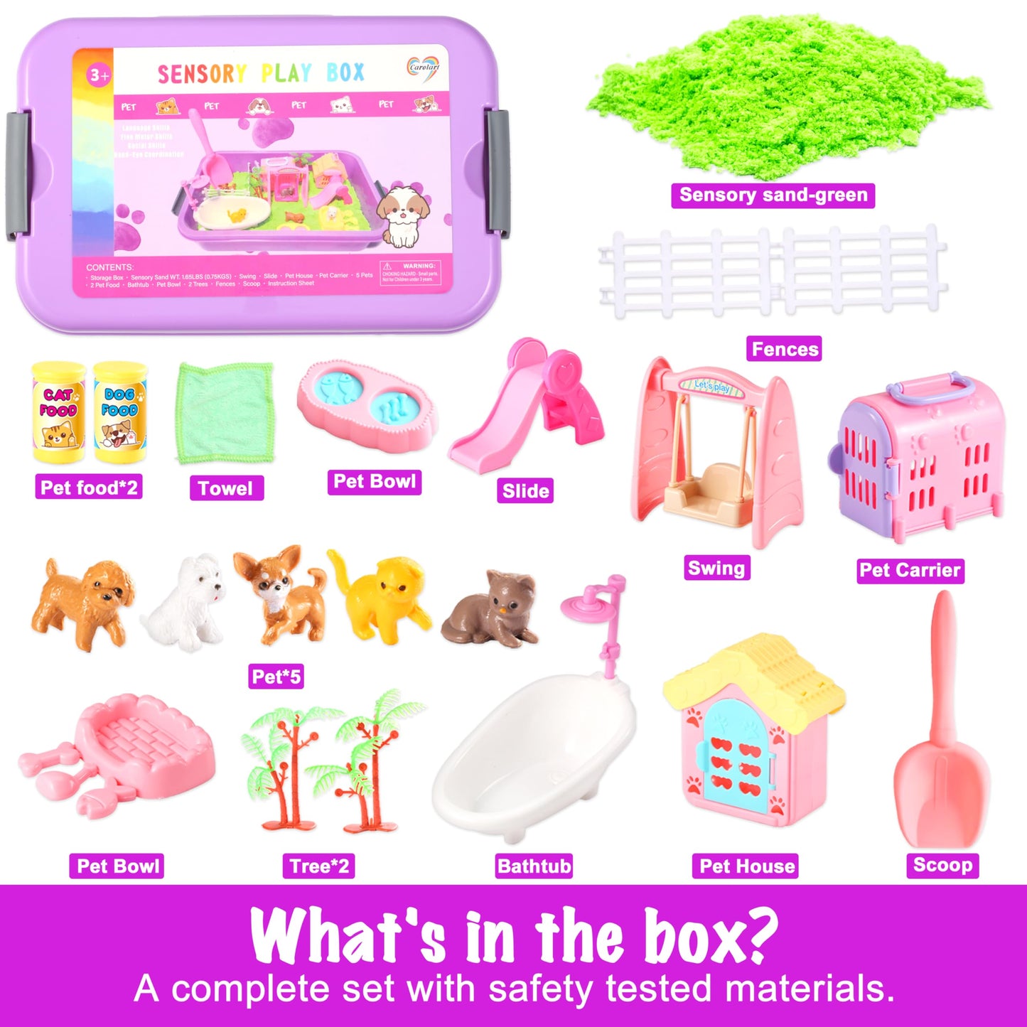 Carolart Pet Sensory bin,Dog and Cat Sandbox for Kids,Kids Play Sand Kit,Pet Play Set with Sensory Sand,Pet Care Play Set,Role Pretend Play Beach Toy Birthday Gift for Girls Boys 3 4 5 6 Years Old