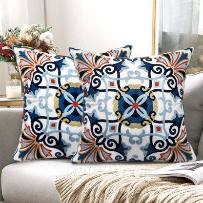 Alysheer Embroidered Fall Decorative Throw Pillow Cover 18"x 18" Set of 2, Boho Navy Blue Floral Embroidery Patterned Cotton Cushion Case for Sofa Couch Living Room Bedroom Outdoor