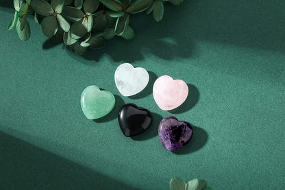 YATOJUZI 5PCS Natural Heart Healing Crystals Rose Quartz Amethyst Heart Love Stones Set Bulk Polished Pocket Palm Thumb Gemstones Chakra Reiki Balancing