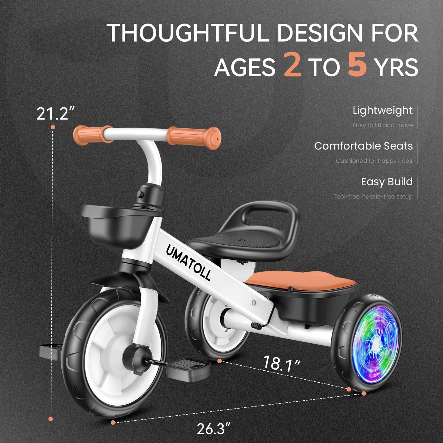 Umatoll Tricycle for Toddlers 2-5 Year Old, Ajustable Toddler Bike Outdoor Toys, Birthday Gift for Boy Girl Age 2-4, Trike with Light up Wheels