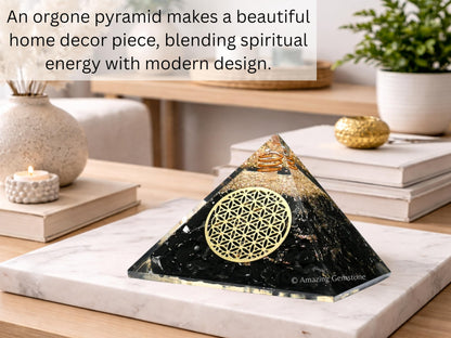 Amazing Gemstone Large Black Tourmaline Orgone Pyramid Crystal, Flower of Life Orgonite Pyramid - Positive Energy Healing