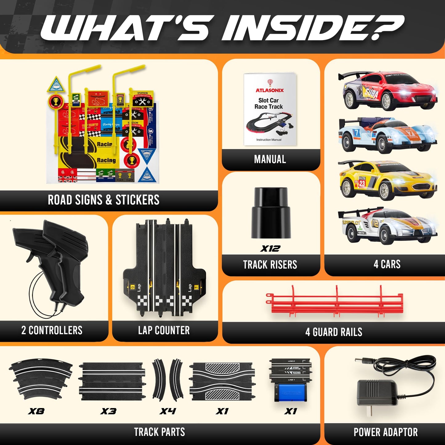 Slot Car Race Track Sets, Slot Cars - Electric Race Car Track Set, 4 High Speed Cars Tracks for Kids, Remote Control Car, Gifts Toys for Boys - 115' Racetrack