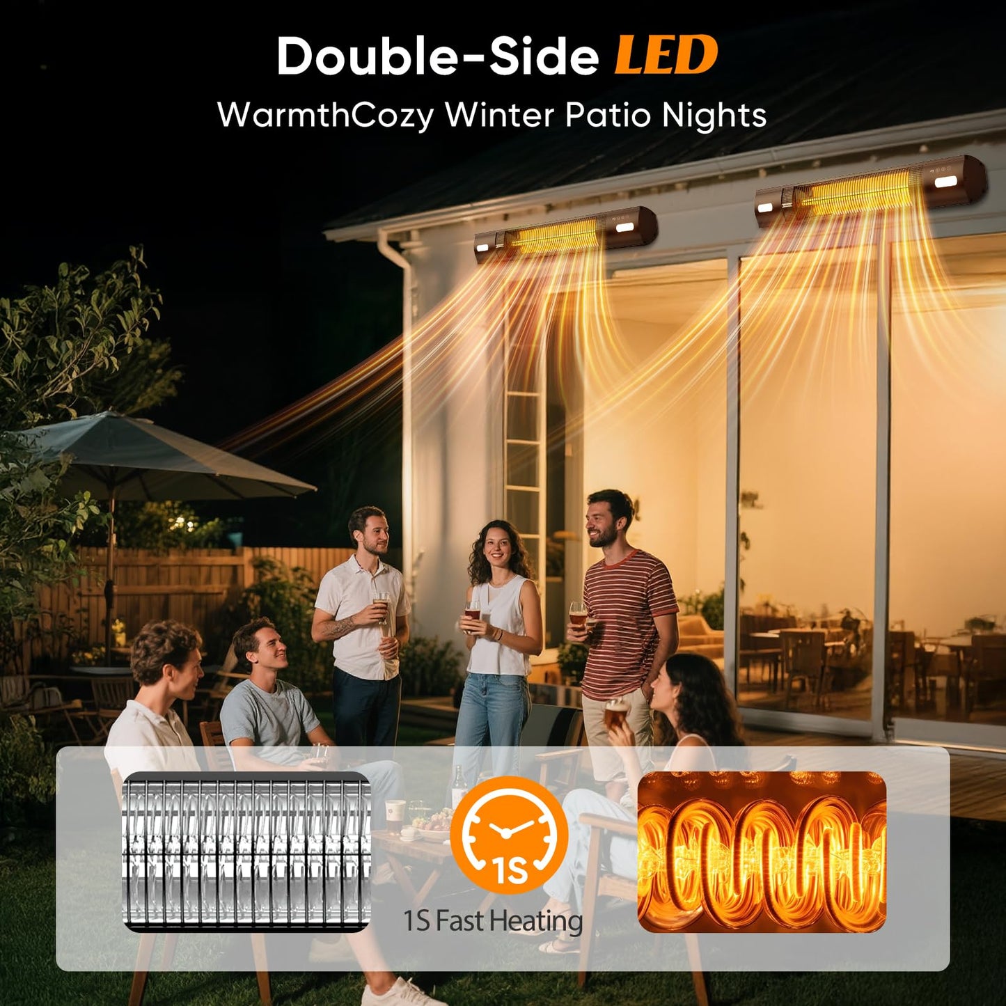 YESERLI Wall Mounted Patio Heater with LED Light, 1500W Electric Outdoor Heater, Fast Carbon Infrared Heating with Remote & Timer, IP65 Waterproof for Backyard, Gazebo and Outside Evening