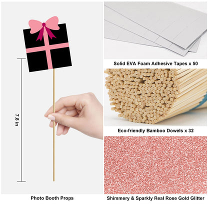 Birthday Photo Booth Props Kit - Happy Birthday Party Favors Supplies Bday Party Decoration Set with Real Glitter Cute Bday Designs for Women - Easy to Assemble 30 Pieces (Rose Gold)