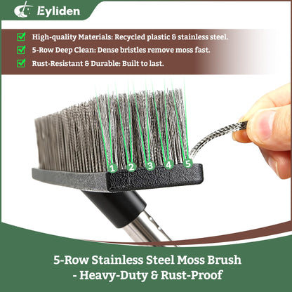 Eyliden Push Broom, Heavy Duty Moss Wire Scrub Brush with Stainless Steel Bristles, 65" Long Handle, Scrubber Brush for Deck, Floor, Concrete, Roof, Patio, Pool Outdoor Cleaning
