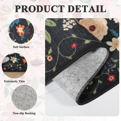 DUKINO 2x6 Runner Rug for Hallway, Washable Kitchen Runner Rug with Non Slip Backing, Low Pile Soft Boho Floral Runner for Kitchen, Hallway, Entryway, Laundry, Bedroom, Black