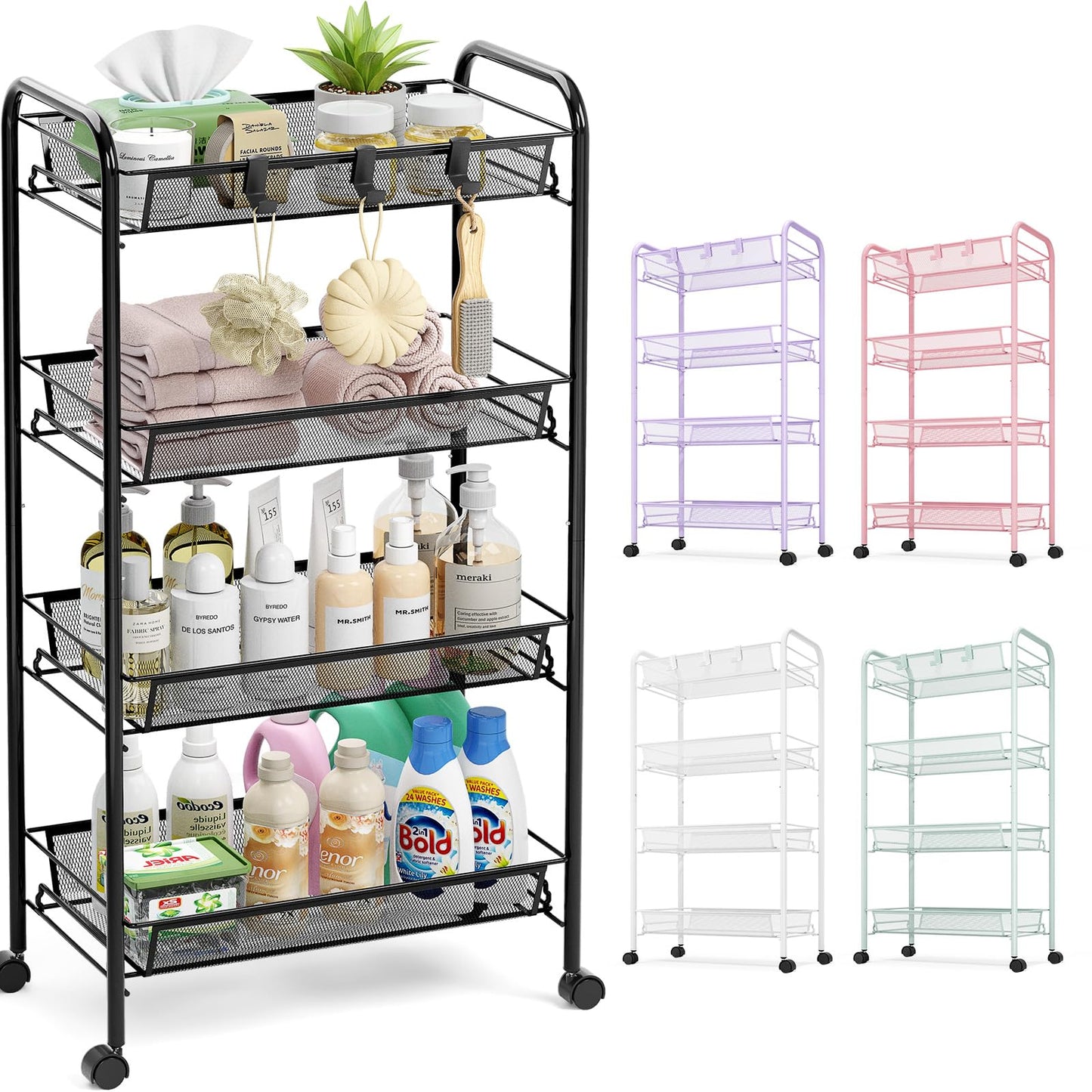 TOOLF 4-Tier Rolling Cart, Metal Utility Cart with 3 Hooks, Easy Assemble Mobile Storage Trolley On Wheels, Metal Shelving Units Kitchen Bathroom Laundry Room