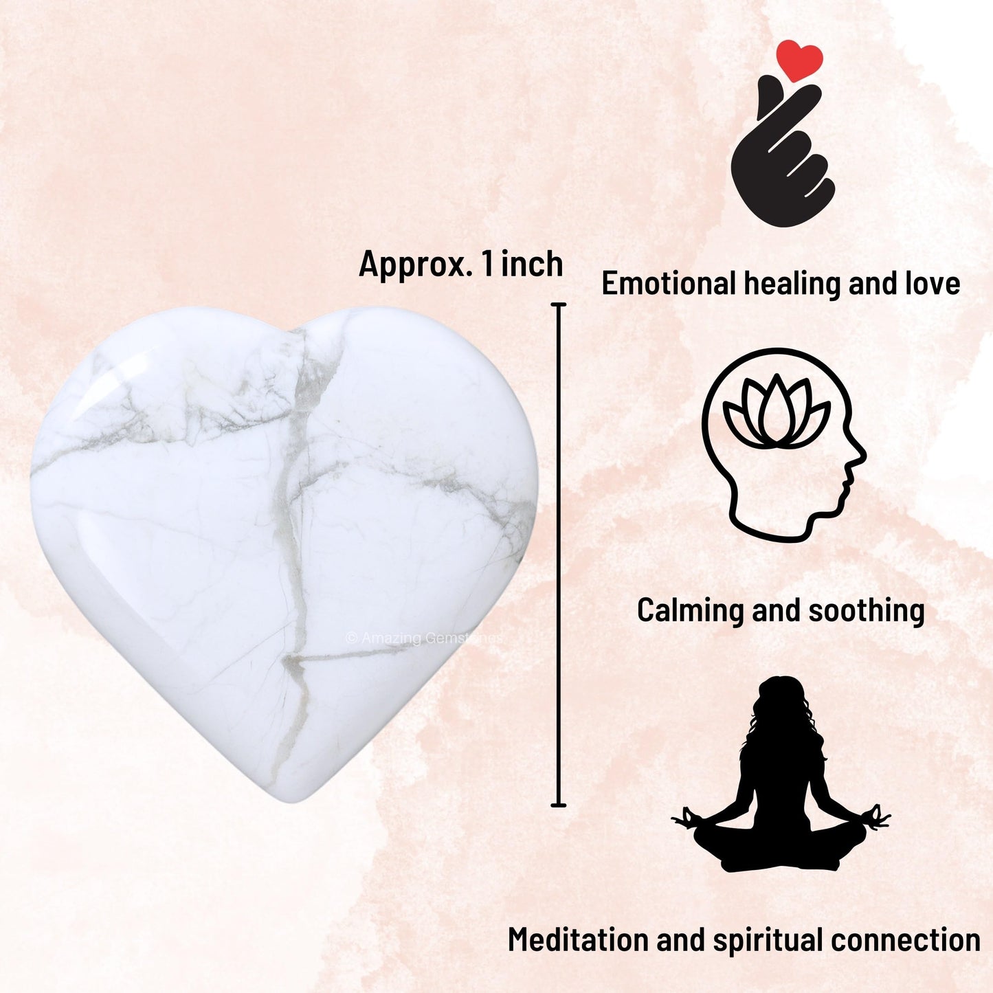 Amazing Gemstone Howlite Stone Heart - Pack of 2 Crystal Heart Stones Rocks - Corazones De Piedra Crystals and Healing Stones Heart Shaped Crystal - Stocking Stuffers Gifts