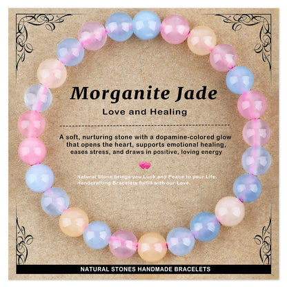 AD Beads 8mm Handmade Morganite Jade Elastic Bracelet – Natural Gemstone for Joy & Positivity – Meditation, Yoga, Healing and Energy Gift for Men Women