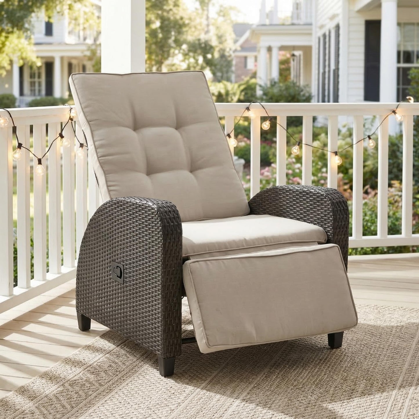 Green4ever Outdoor Patio Recliner with Adjustable Backrest and Footrest, All-Weather Wicker Patio Chair, 160° Lay Flat Patio Reclining Lounge Chair for Garden Backyard, Beige