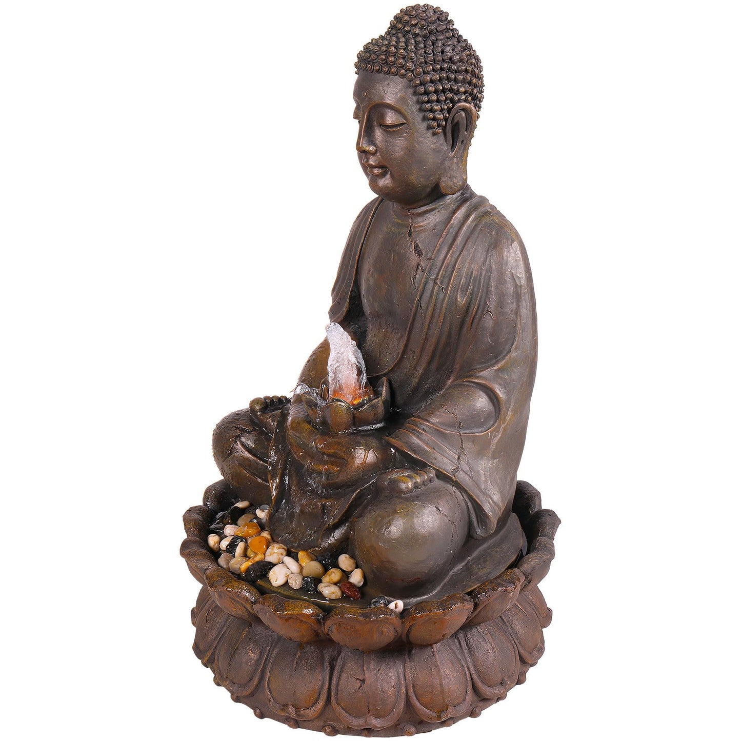 Alpine Corporation GEM122 Outdoor Floor Meditating Soothing Buddha Statue Waterfall Fountain for Garden, 33", Bronze